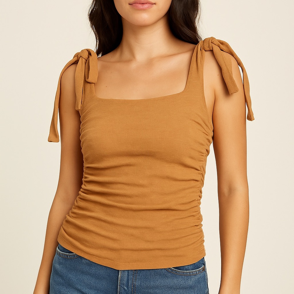 Free People Mustard Tie-Shoulder Ribbed Tank